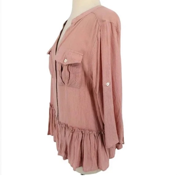 Derek Heart Convertible Sleeve Pink Crinkle Fabric Peplum Top Size Large - Picture 7 of 11